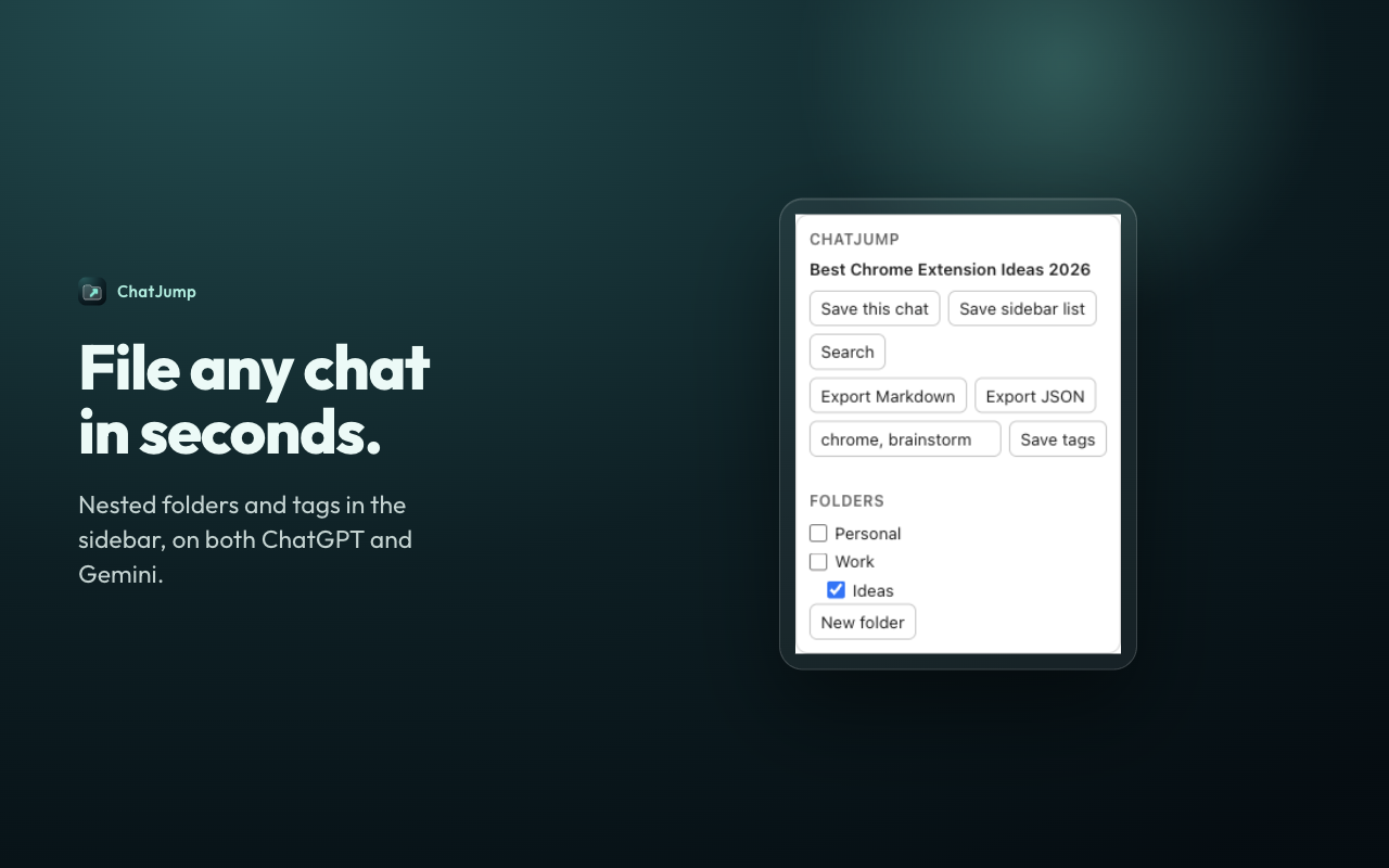 The ChatJump panel in the Gemini sidebar with folders and tags