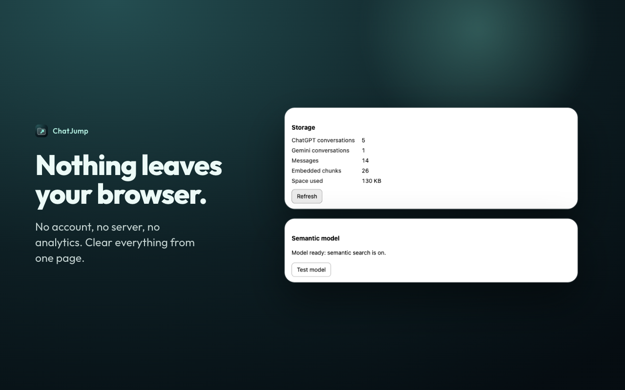 The options page showing storage counts and the model status